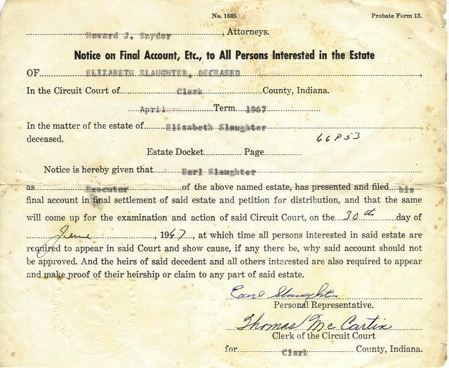 1967-Death notice of Elizabeth Slaughter