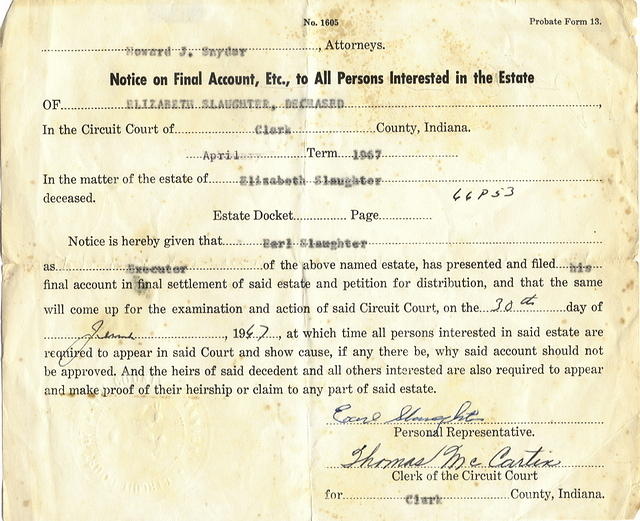 1967-Elizabeth Slaughter Estate